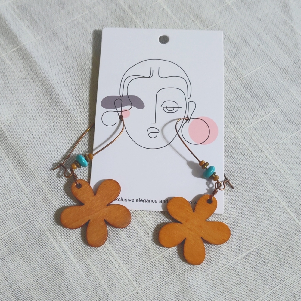 Wooden, wired, beaded dangle earrings